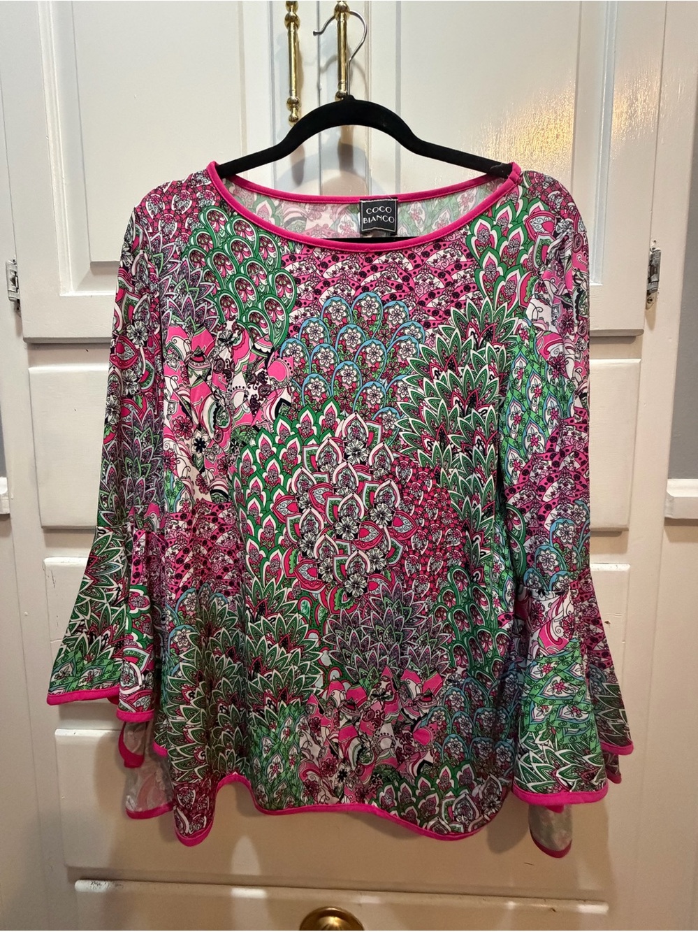 Boho Shirt Flowy  Colorful Gypsy Whimsy Coco Bianci 3/4 Bell Sleeves L Paisley